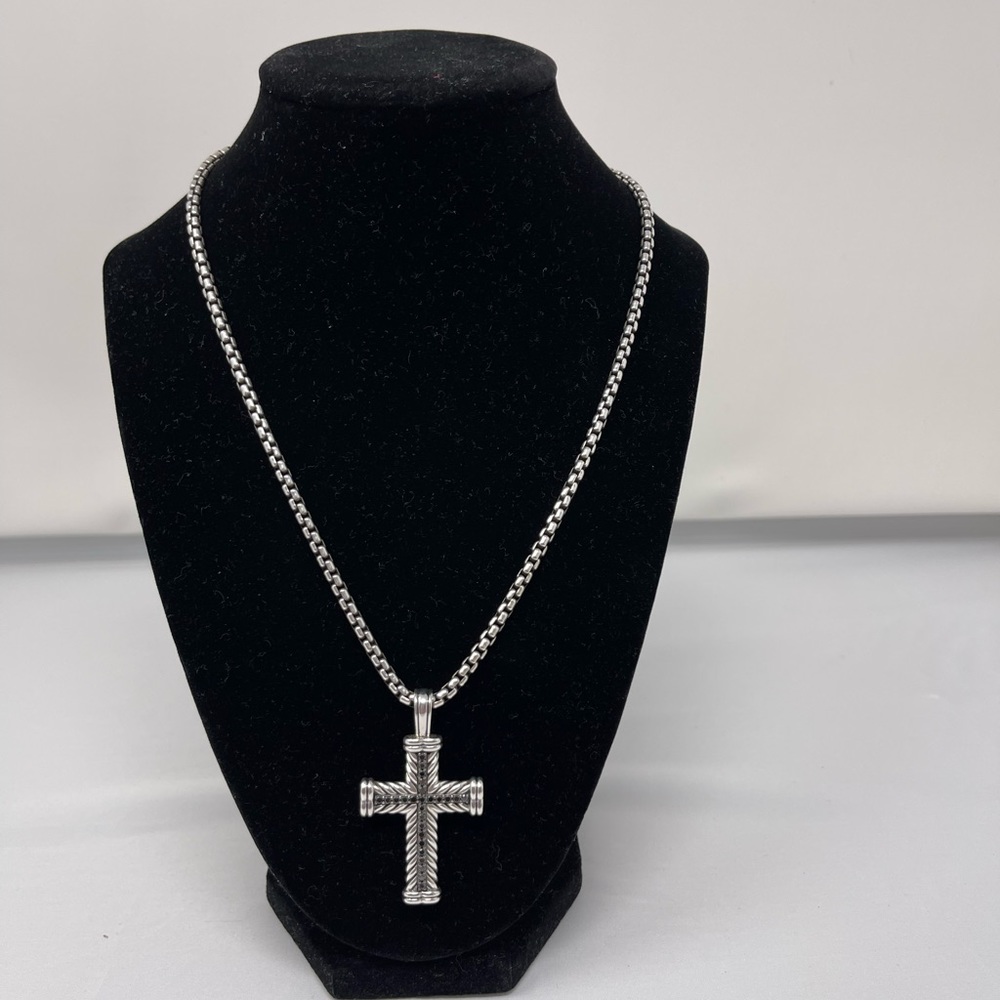 Authentic David Yurman black diamond cross pendant with 22 inch box chain